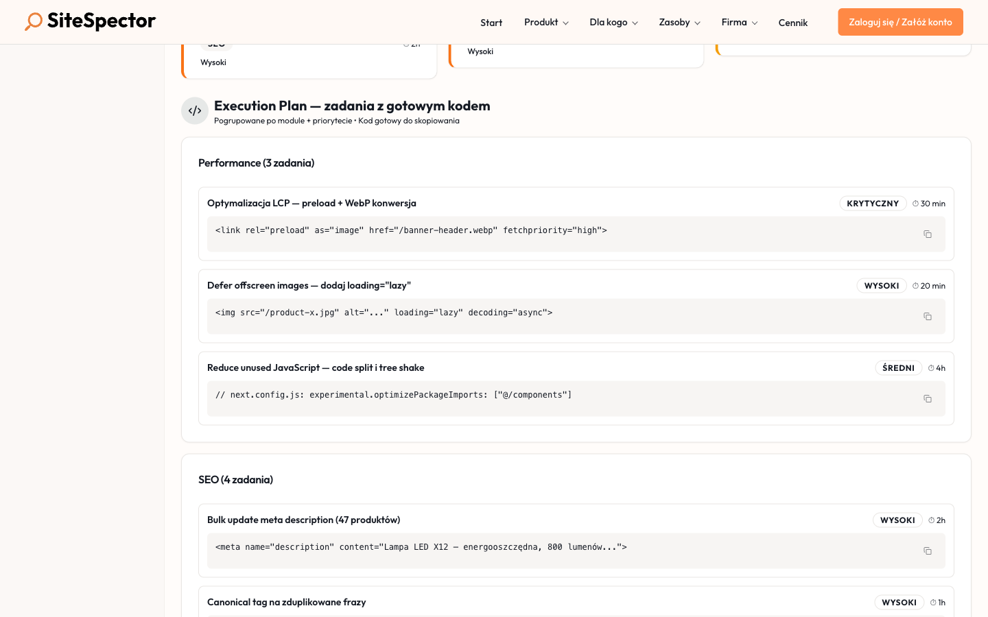 Execution Plan — zadania pogrupowane po module z gotowym kodem do skopiowania